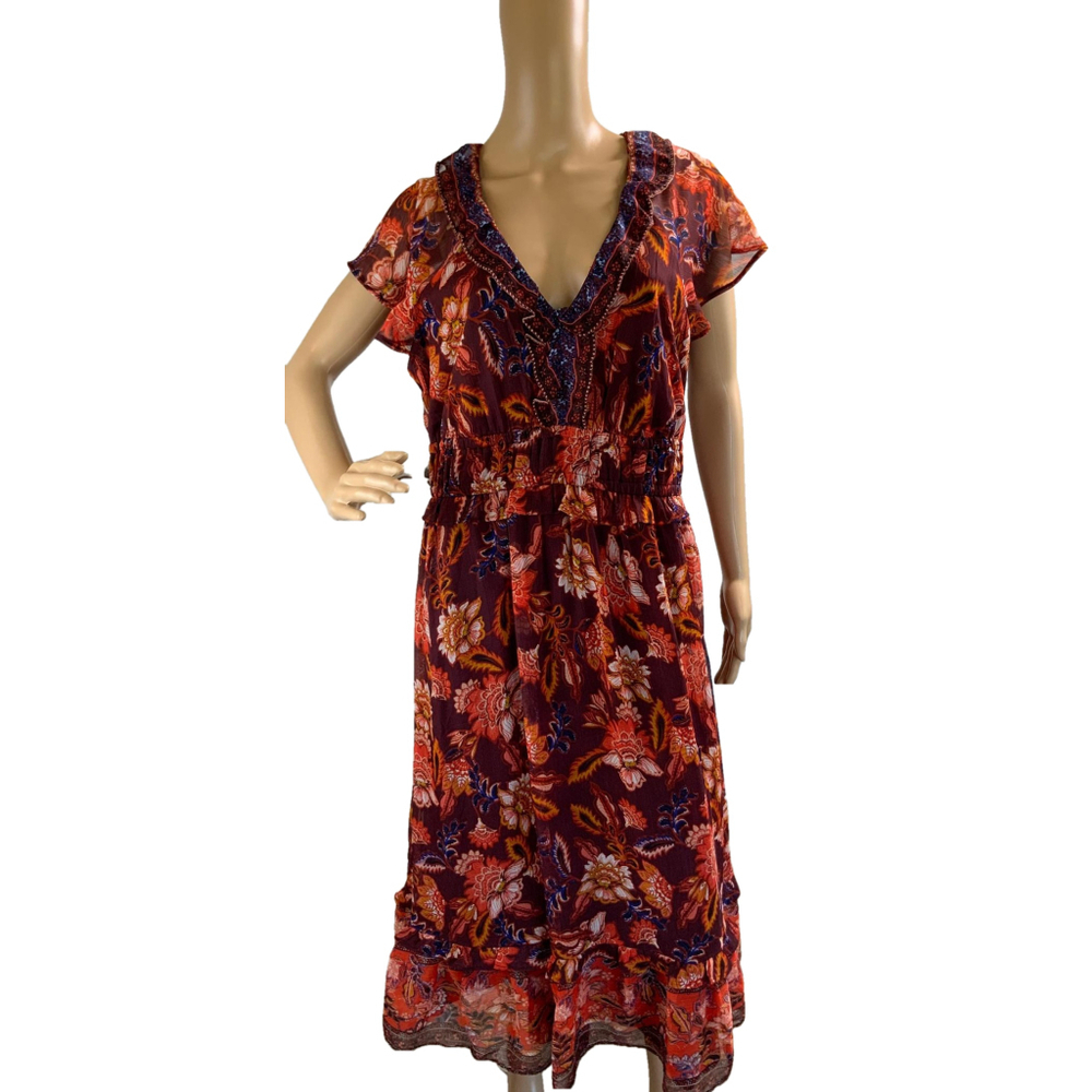 Old Navy Women's Floral Print Dress Large Burgundy Orange Elastic Waist Coquette